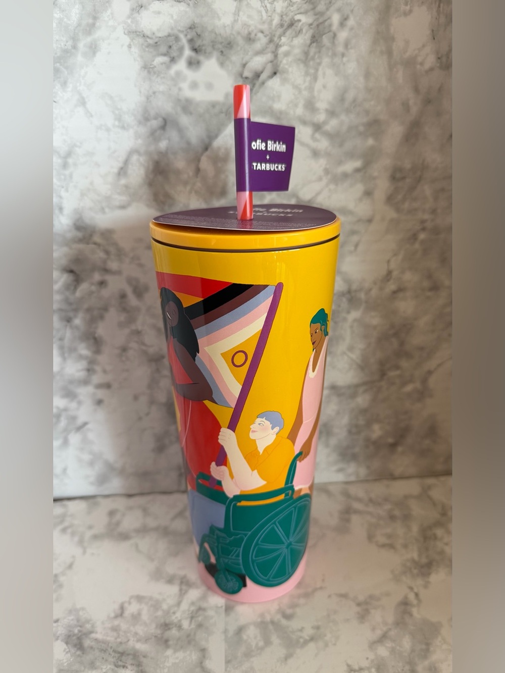 Starbucks Yellow Pride Parade Tumbler with Purple Lid and Pink Base